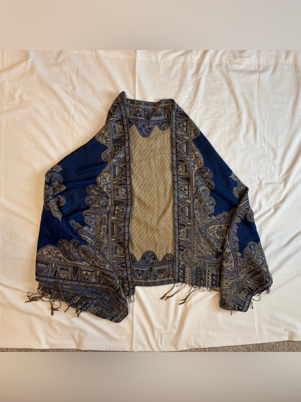 KAS Cashmere 100% Cashmere Blue/Tan Paisley Fringed Shawl Wrap Scarf 70x28
